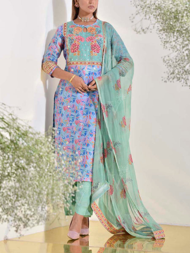 Blue and Green Vasansi Silk Printed Suit Set