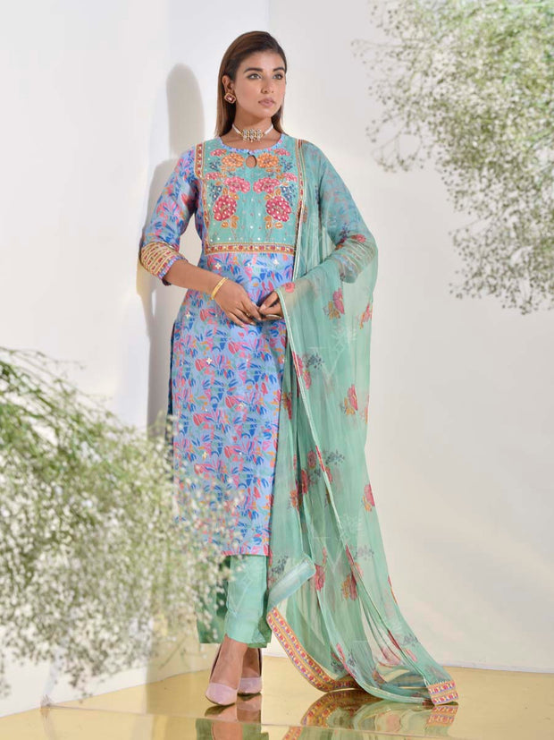 Blue and Green Vasansi Silk Printed Suit Set