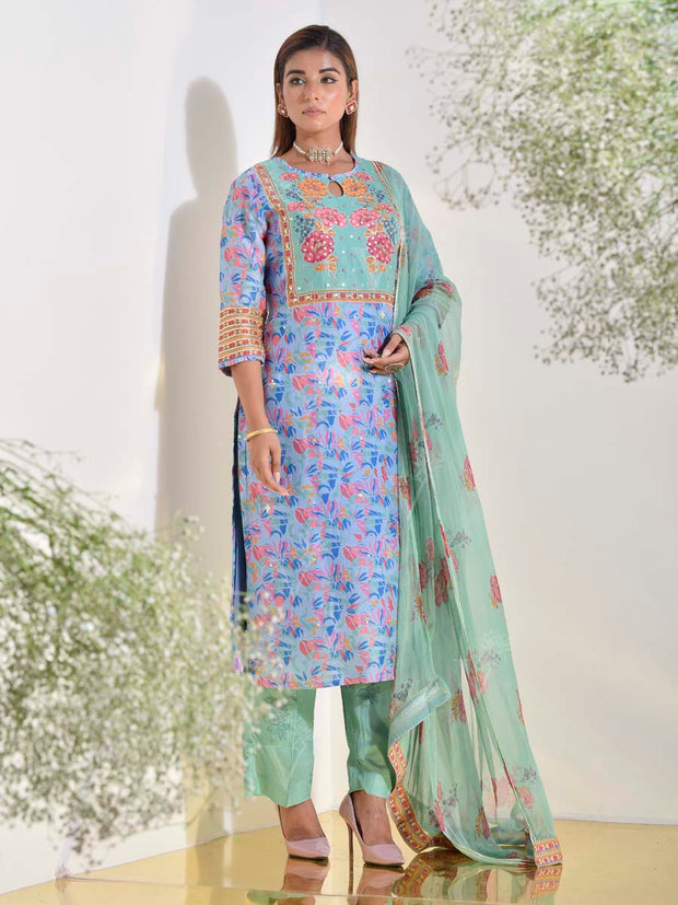 Blue and Green Vasansi Silk Printed Suit Set