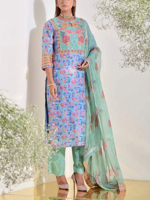 Blue and Green Vasansi Silk Printed Suit Set