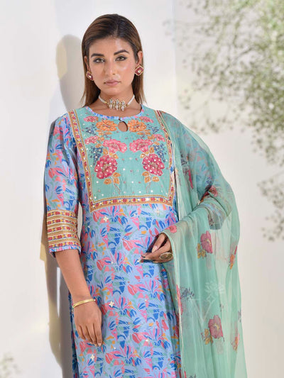 Blue and Green Vasansi Silk Printed Suit Set