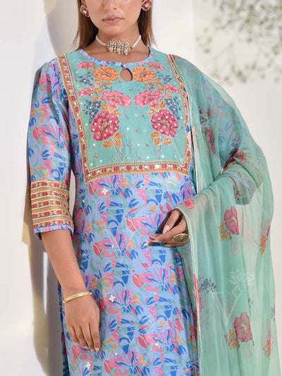 Blue and Green Vasansi Silk Printed Suit Set