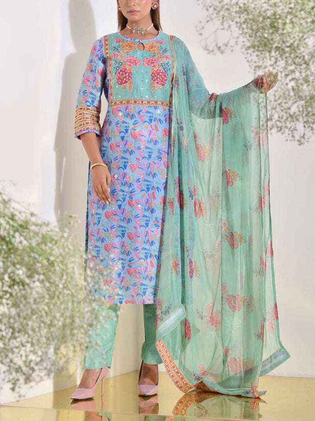 Blue and Green Vasansi Silk Printed Suit Set