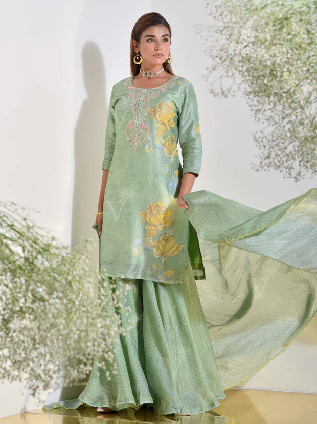 Tea Green Vasansi Silk Kurta and Sharara Set