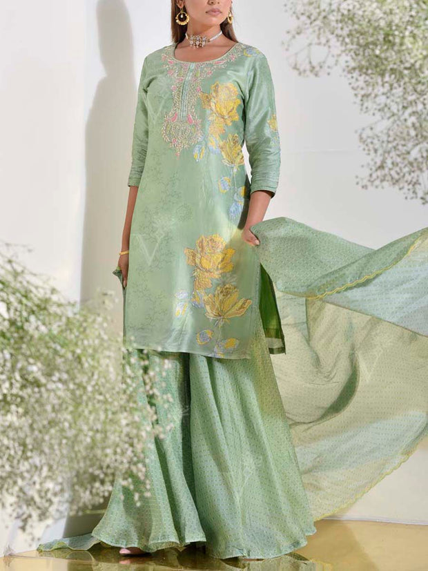 Tea Green Vasansi Silk Kurta and Sharara Set