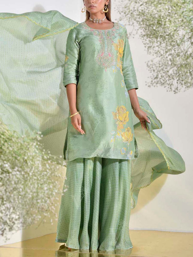 Tea Green Vasansi Silk Kurta and Sharara Set