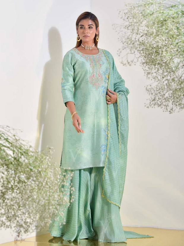 Tea Green Vasansi Silk Kurta and Sharara Set