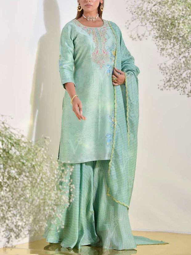 Tea Green Vasansi Silk Kurta and Sharara Set