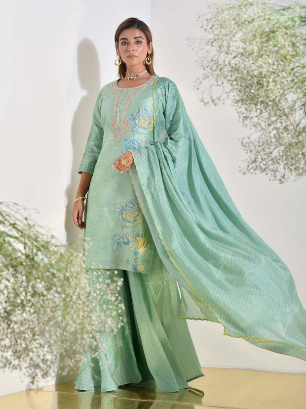 Tea Green Vasansi Silk Kurta and Sharara Set