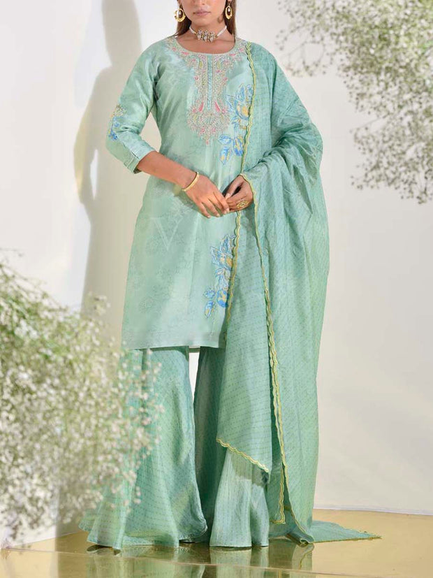 Tea Green Vasansi Silk Kurta and Sharara Set