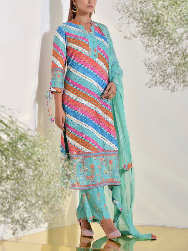 Blue Green Vasansi Silk Printed Leheriya Suit Set