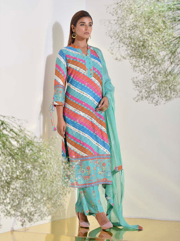 Blue Green Vasansi Silk Printed Leheriya Suit Set