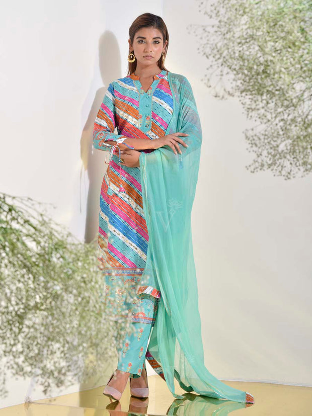 Blue Green Vasansi Silk Printed Leheriya Suit Set