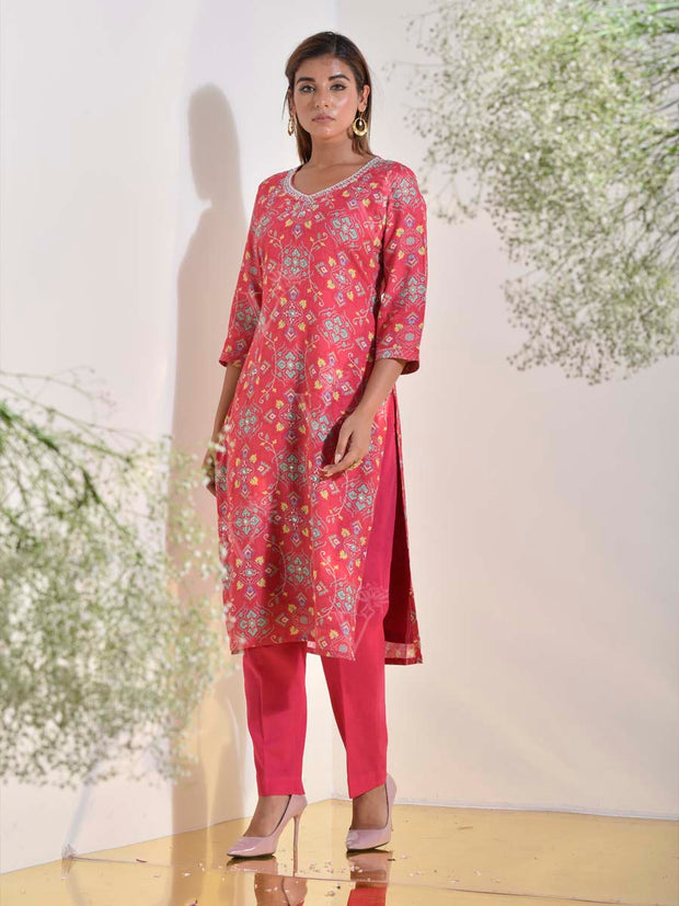 Red Vasansi Silk Printed Kurti