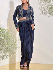 Midnight Blue Jacket and Drape Skirt Set