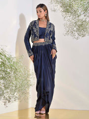 Midnight Blue Jacket and Drape Skirt Set