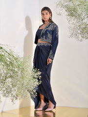 Midnight Blue Jacket and Drape Skirt Set