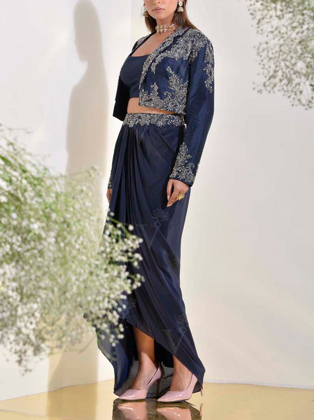 Midnight Blue Jacket and Drape Skirt Set