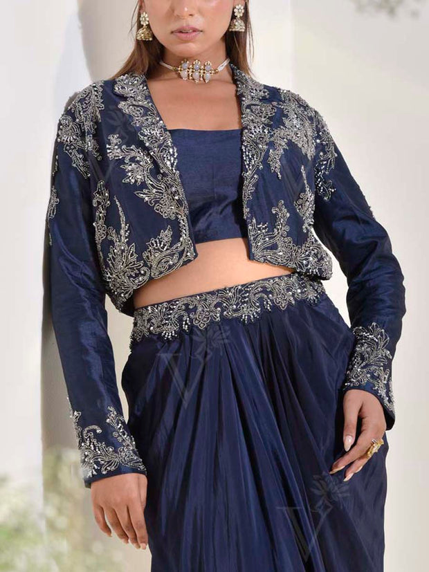 Midnight Blue Jacket and Drape Skirt Set