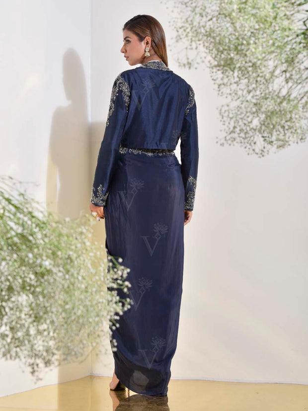 Midnight Blue Jacket and Drape Skirt Set