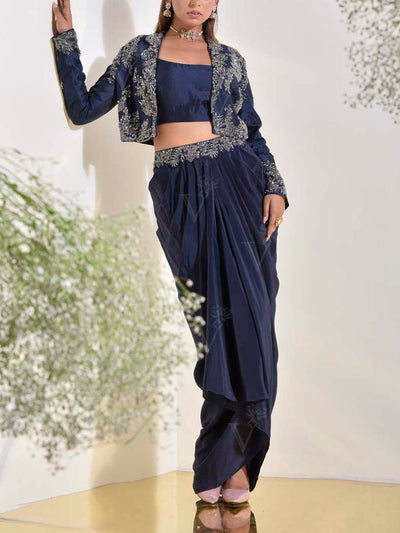 Midnight Blue Jacket and Drape Skirt Set