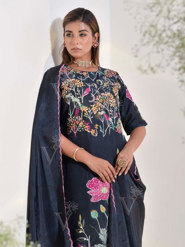 Oxford Blue Vasansi Silk Embroidered Co-ord Set