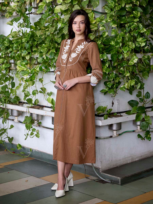 Brown Embroidered Cotton Dress