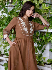 Brown Embroidered Cotton Dress