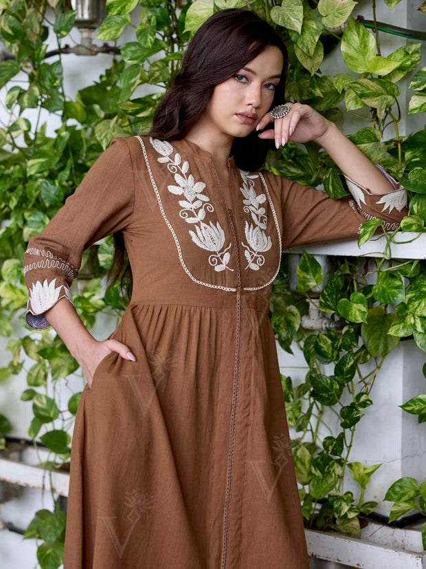 Brown Embroidered Cotton Dress