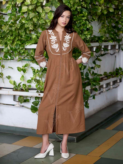 Brown Embroidered Cotton Dress