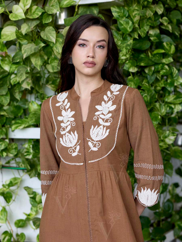 Brown Embroidered Cotton Dress