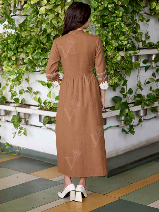 Brown Embroidered Cotton Dress