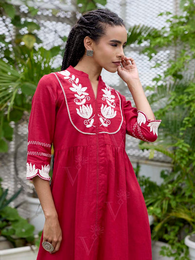 Red Embroidered Cotton Dress