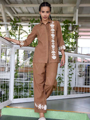 Brown Embroidered Cotton Co-Ord Set