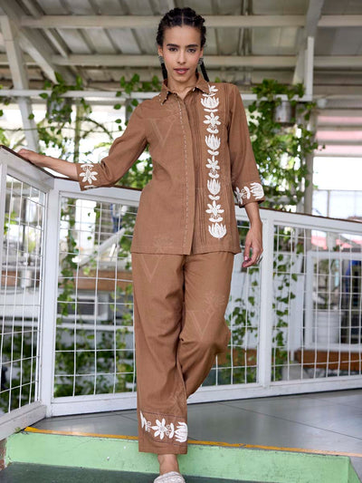 Brown Embroidered Cotton Co-Ord Set