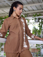 Brown Embroidered Cotton Co-Ord Set