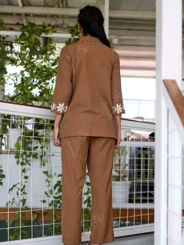 Brown Embroidered Cotton Co-Ord Set