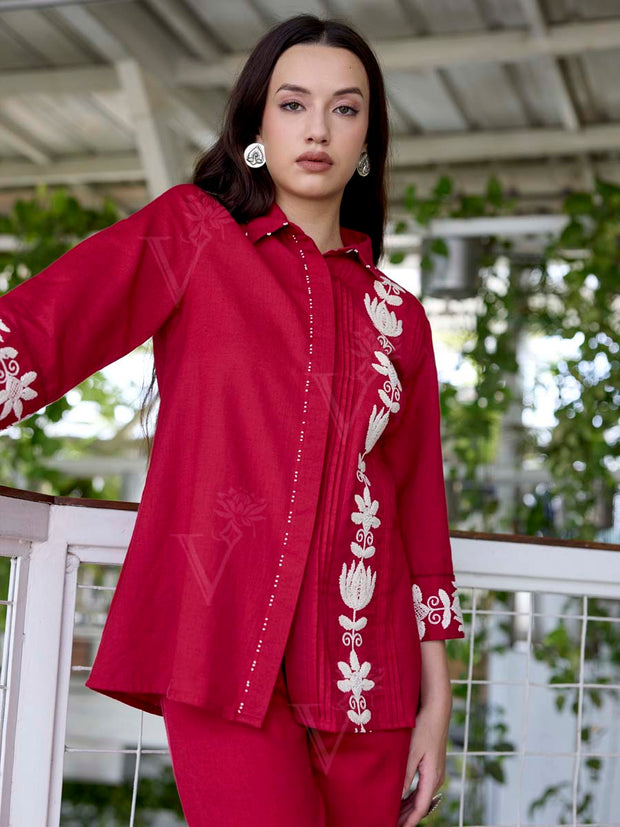 Red Embroidered Cotton Co-Ord Set