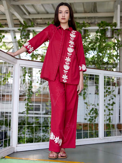 Red Embroidered Cotton Co-Ord Set