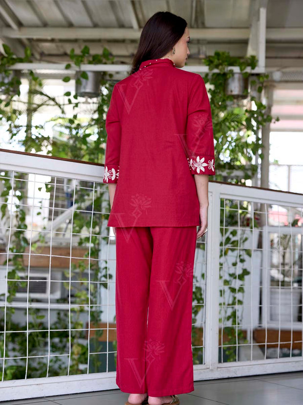 Red Embroidered Cotton Co-Ord Set