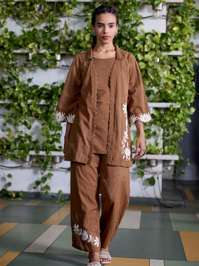 Brown Embroidered Cotton Co-Ord Set