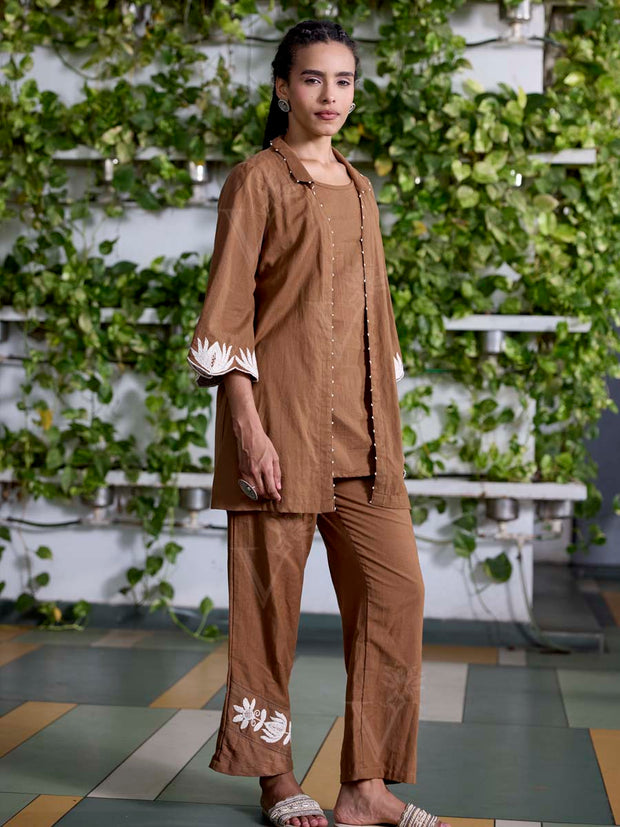 Brown Embroidered Cotton Co-Ord Set
