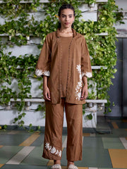 Brown Embroidered Cotton Co-Ord Set