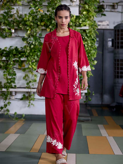 Red Embroidered Cotton Co-Ord Set