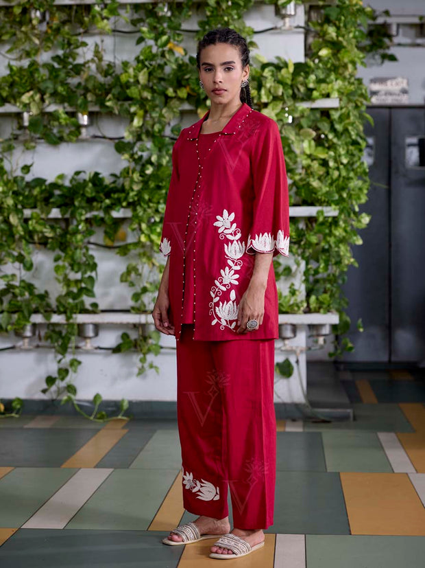 Red Embroidered Cotton Co-Ord Set