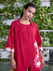 Red Embroidered Cotton Co-Ord Set