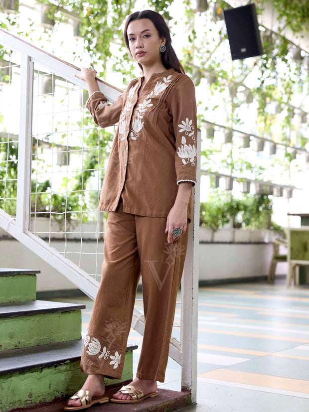 Brown Embroidered Cotton Co-Ord Set