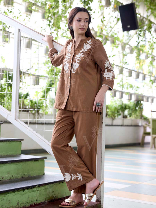 Brown Embroidered Cotton Co-Ord Set