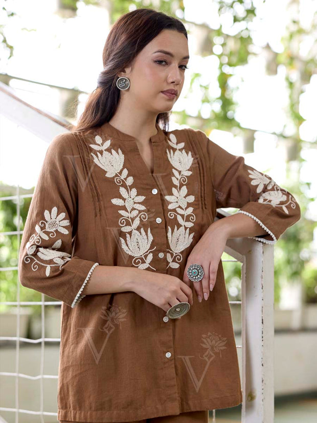 Brown Embroidered Cotton Co-Ord Set