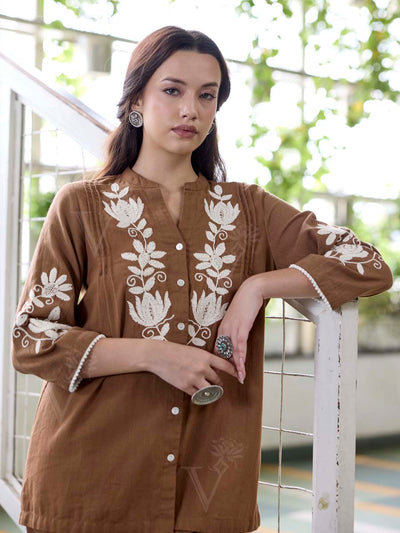 Brown Embroidered Cotton Co-Ord Set